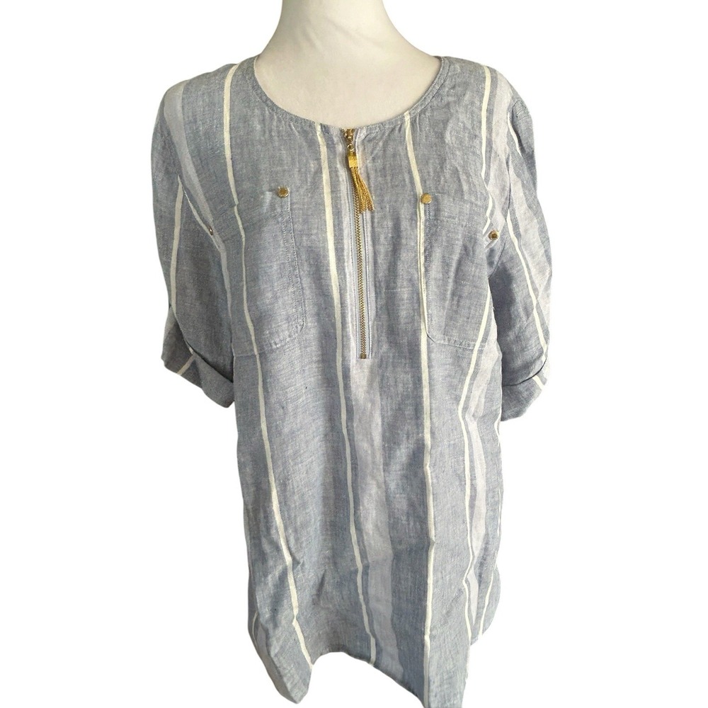 Ellen Tracy Women's Blue White Striped Linen Tunic Top Shirt Size Medium